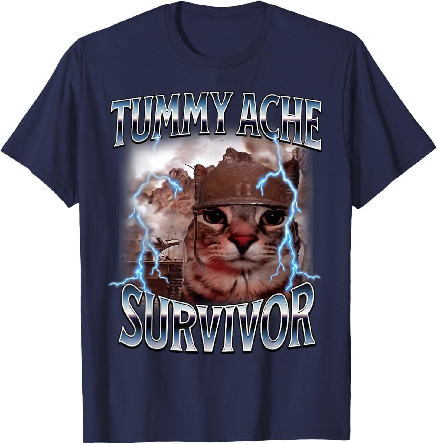 Tummy Ache Survivor Funny Cat Meme I Survived Today's Tummy T-Shirt - T-Shirt | Navy