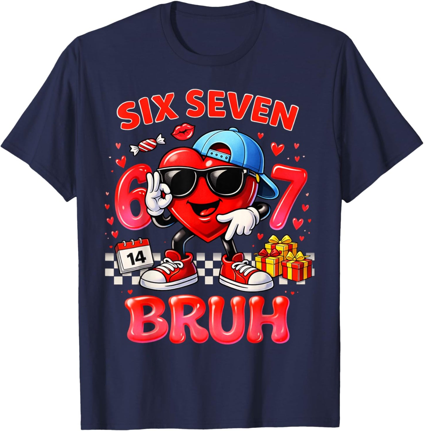 Six Seven Bruh Heart 67 Meme Valentines Day Kids Boys Youth T-Shirt - T-Shirt | Navy
