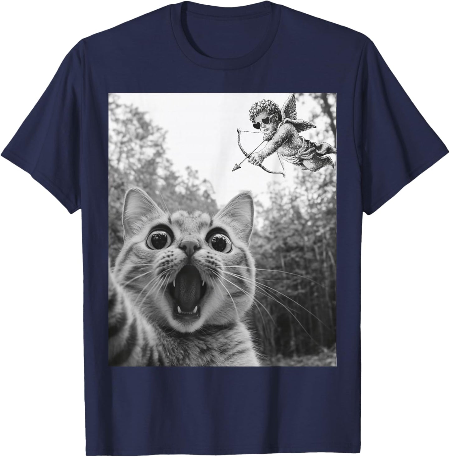 Cat Selfie with Cupid Funny Valentines Cat Lover Kids T-Shirt - T-Shirt | Navy