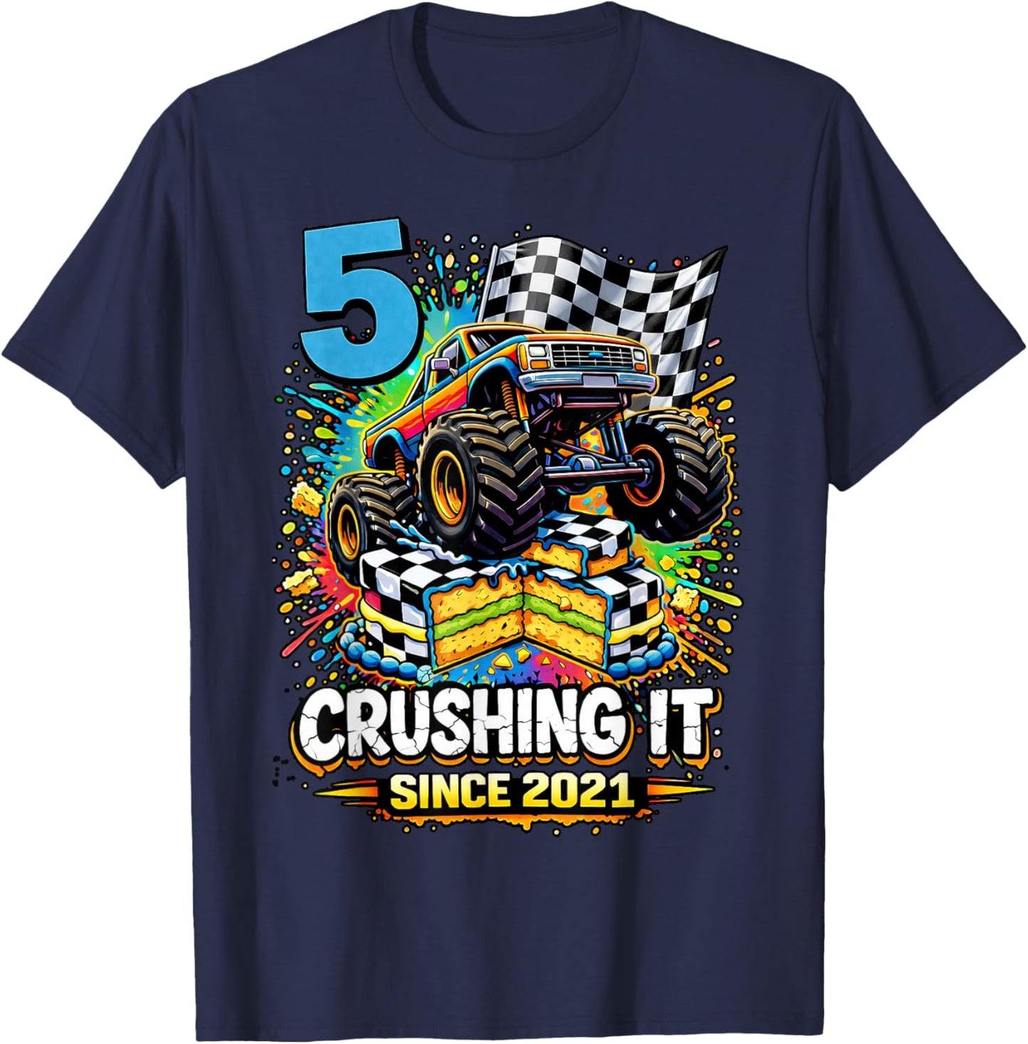 Birthday Monster Truck 5 Year Old Boys 5th Party Born 2021 T-Shirt - T-Shirt | Navy
