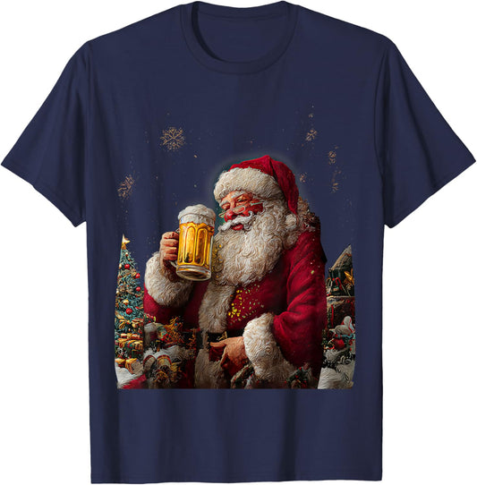 Christmas Santa Claus Beer Painting T-Shirt - T-Shirt | Navy