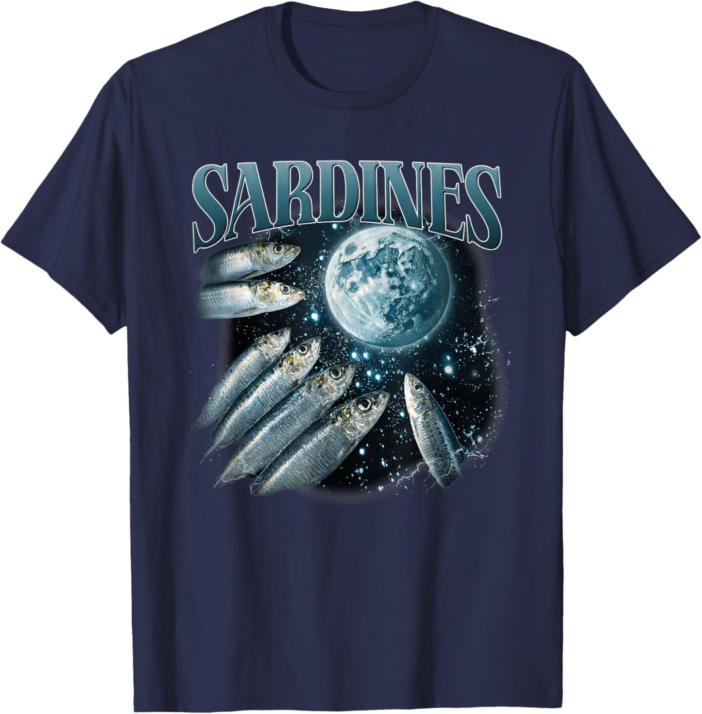 Three Sardines Howling at Moon Retro Sardine Fish Lover T-Shirt - T-Shirt | Navy