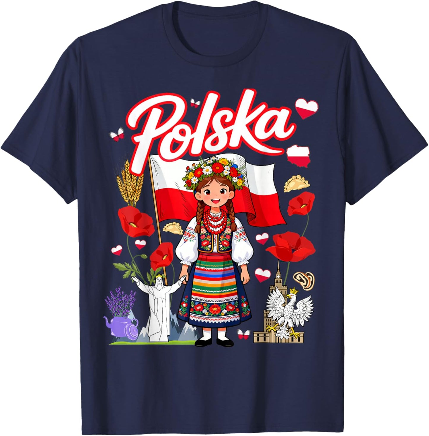 Polish Flag Outfit Idea Polska Poland Folk Flowers T-Shirt - T-Shirt | Navy