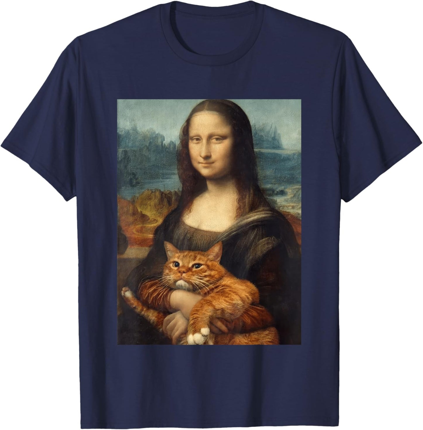 Funny Mona Lisa Holding Cat Meme Sarcastic Kitty Lover T-Shirt - T-Shirt | Navy
