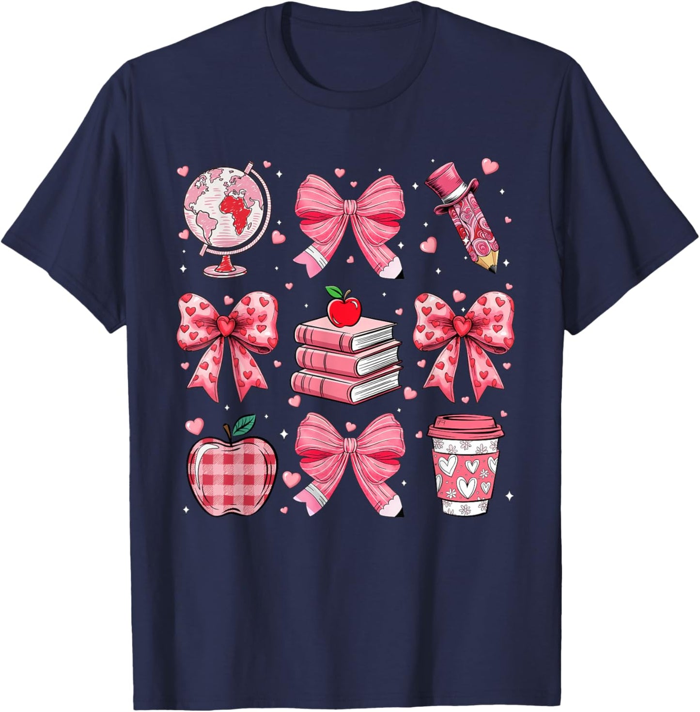 Coquette Pink Bow Apple Teacher Appreciation Valentine Day T-Shirt - T-Shirt | Navy
