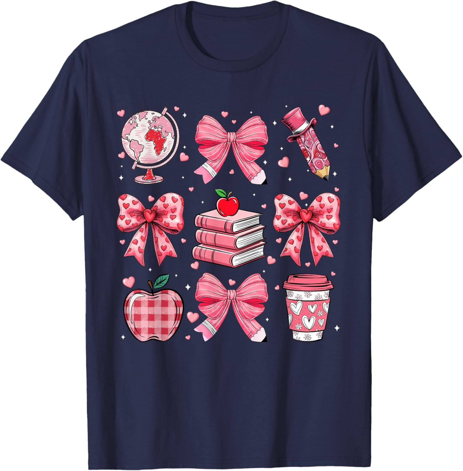 Coquette Pink Bow Apple Teacher Appreciation Valentine Day T-Shirt - T-Shirt | Navy