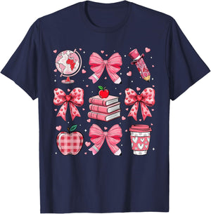 Coquette Pink Bow Apple Teacher Appreciation Valentine Day T-Shirt - T-Shirt | Navy