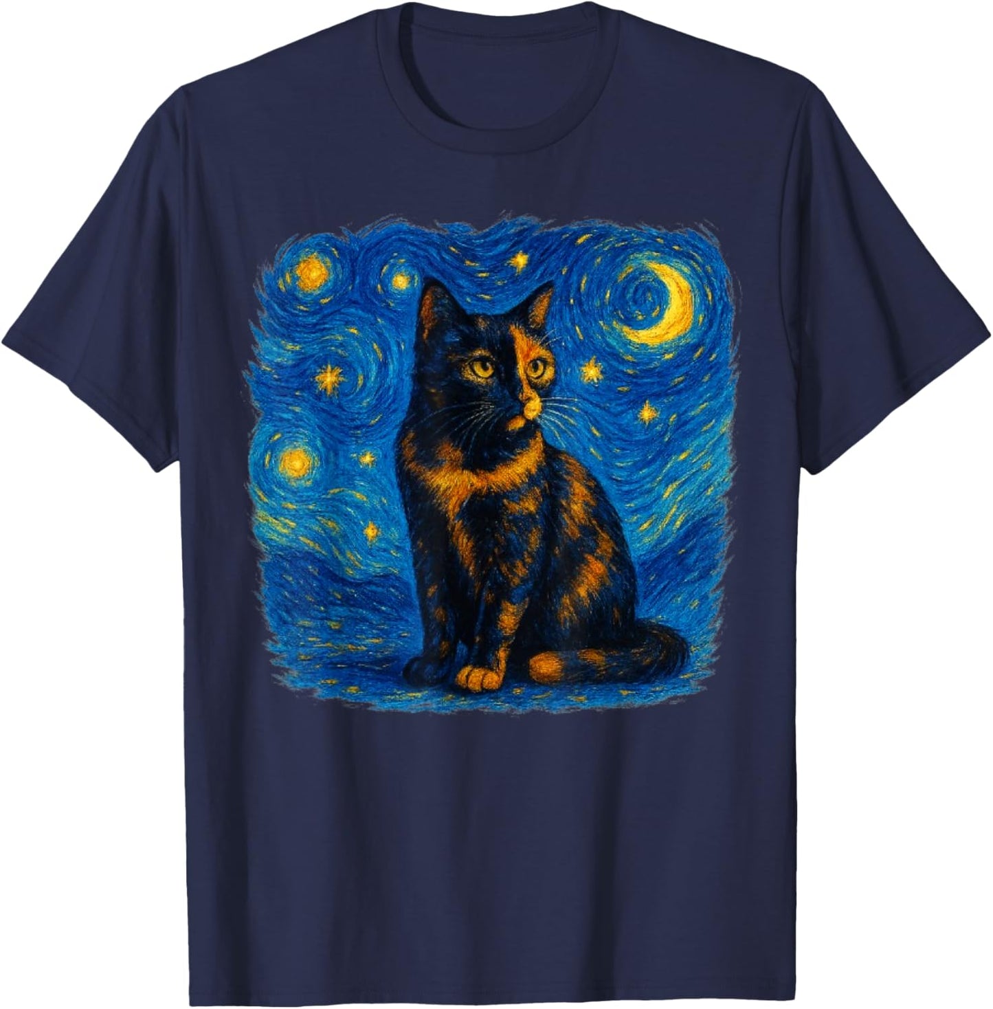 Tortoiseshell Tortie Starry Night Kitty Cat Art T-Shirt - T-Shirt | Navy