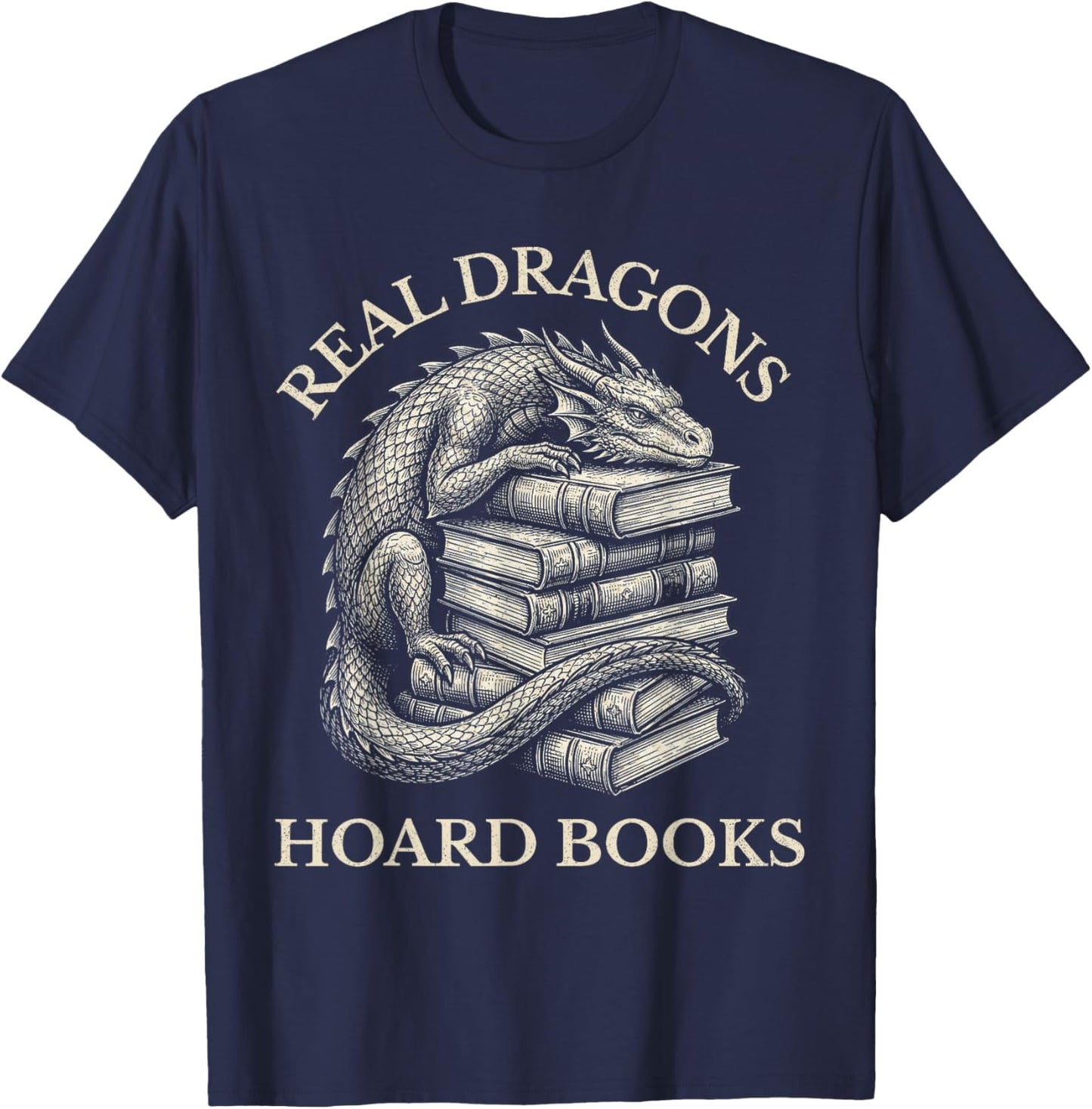 Vintage Dragons & Books Dark Academia Funny Librarian Gift T-Shirt - T-Shirt | Navy