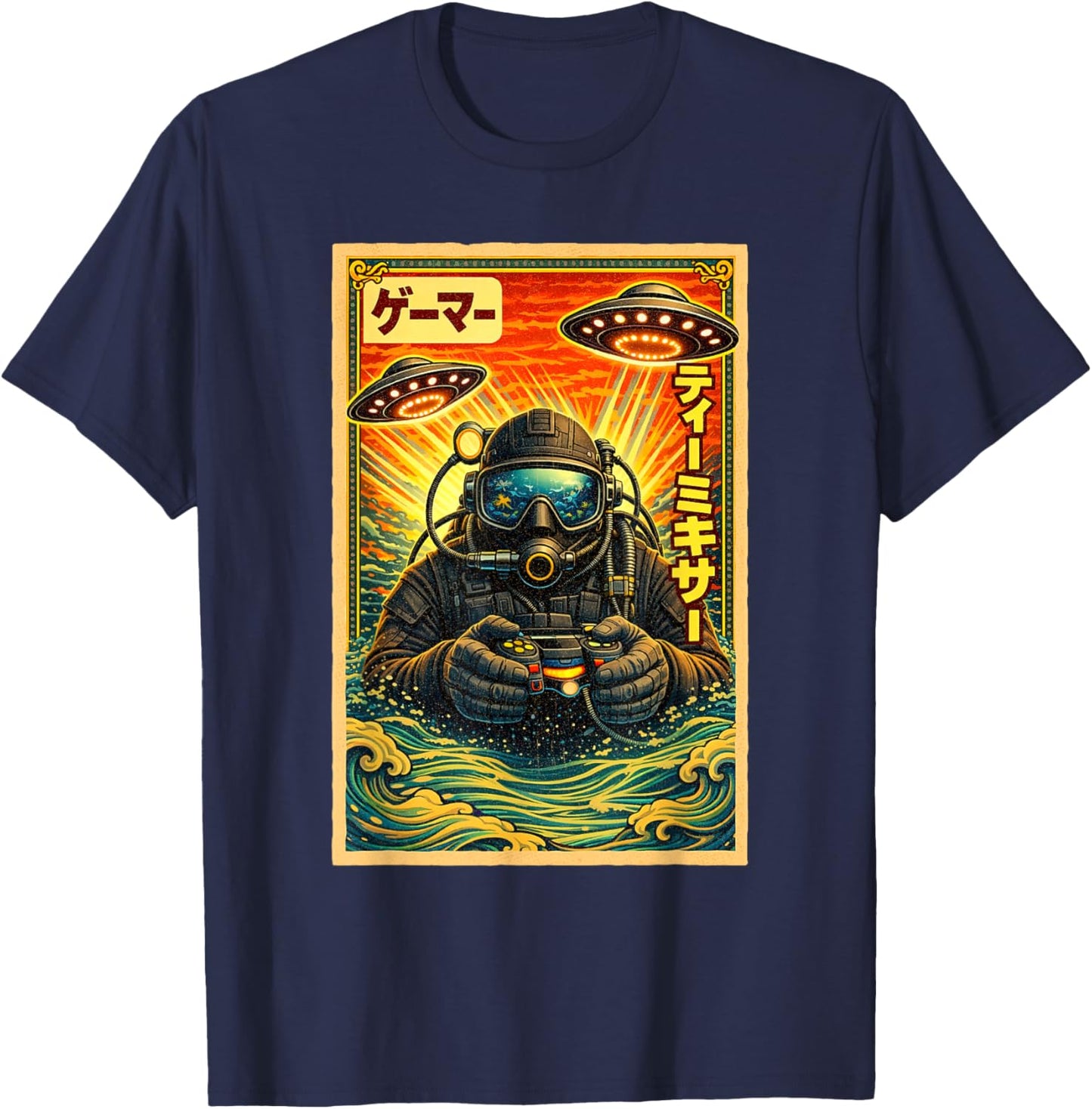 Japanese Retro Vintage UFO Scuba Diver Graphic Funny Gamer T-Shirt - T-Shirt | Navy