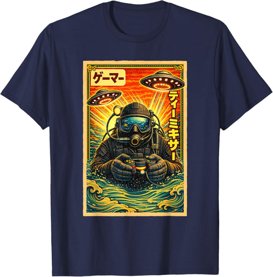 Japanese Retro Vintage UFO Scuba Diver Graphic Funny Gamer T-Shirt - T-Shirt | Navy