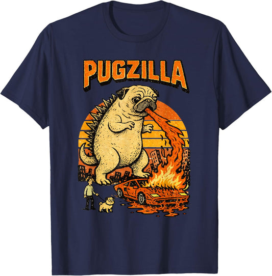 Pugzilla Funny Giant Pug Dog Meme Parody Illustration T-Shirt - T-Shirt | Navy