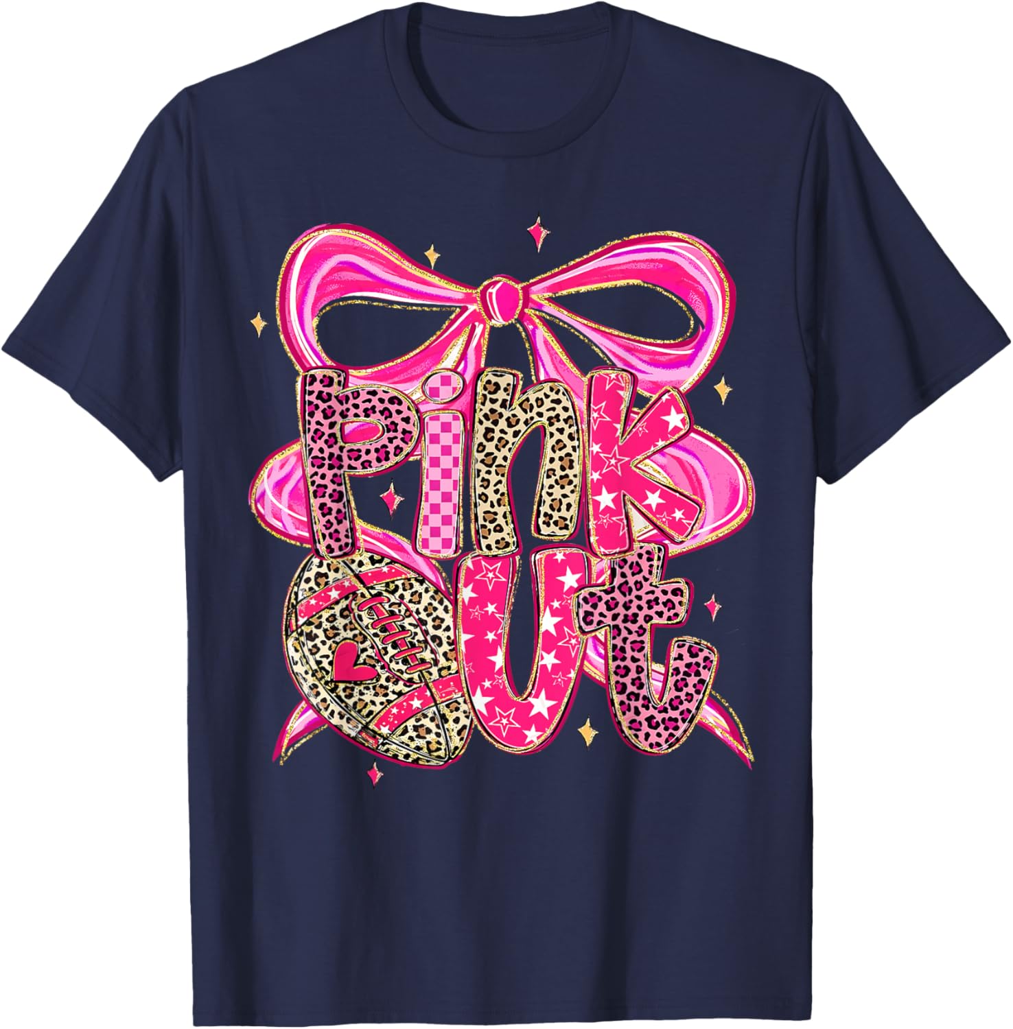Pink Out Breast Cancer Football Coquette Bow Mom Girls Women T-Shirt - T-Shirt | Navy