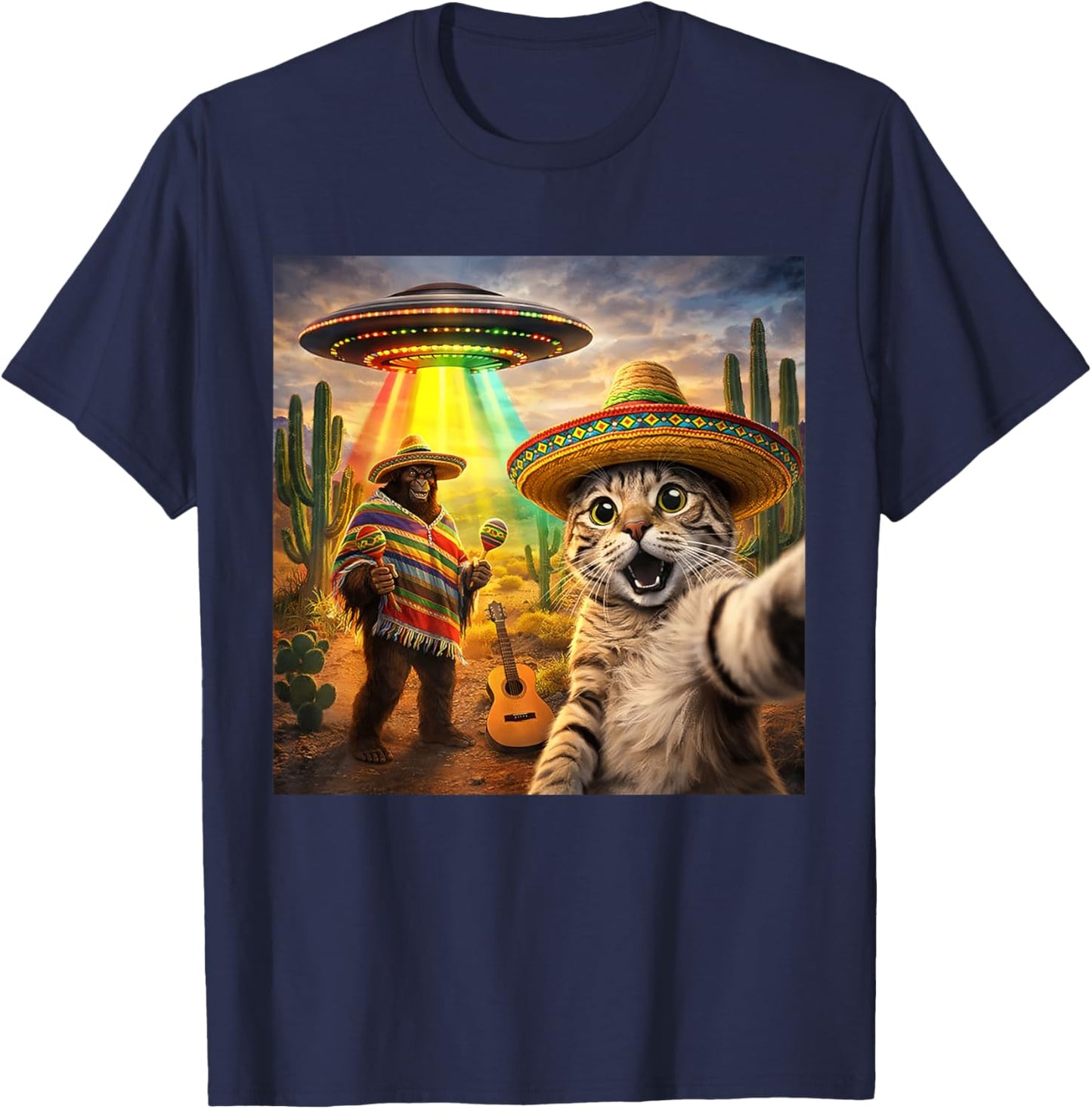 Mexican Cat Selfie with Bigfoot UFO Cinco De Mayo Meme 2026 T-Shirt - T-Shirt | Navy