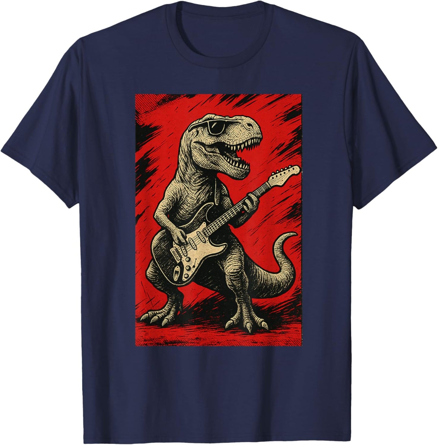 T Rex Playing Guitar Retro Vintage T-Shirt - T-Shirt | Navy