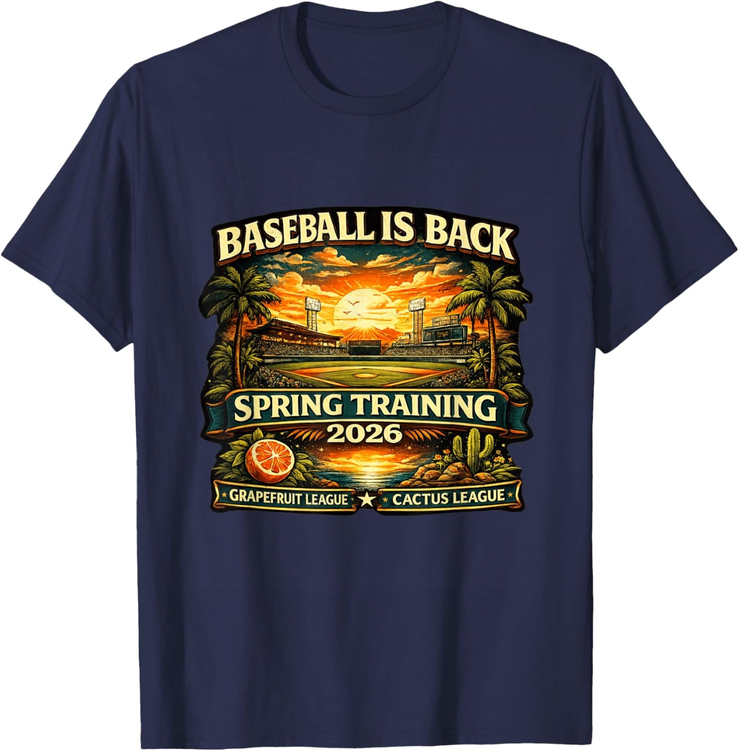 Spring Training Baseball is Back 2026 Retro Stadium Sunset T-Shirt - T-Shirt | Navy