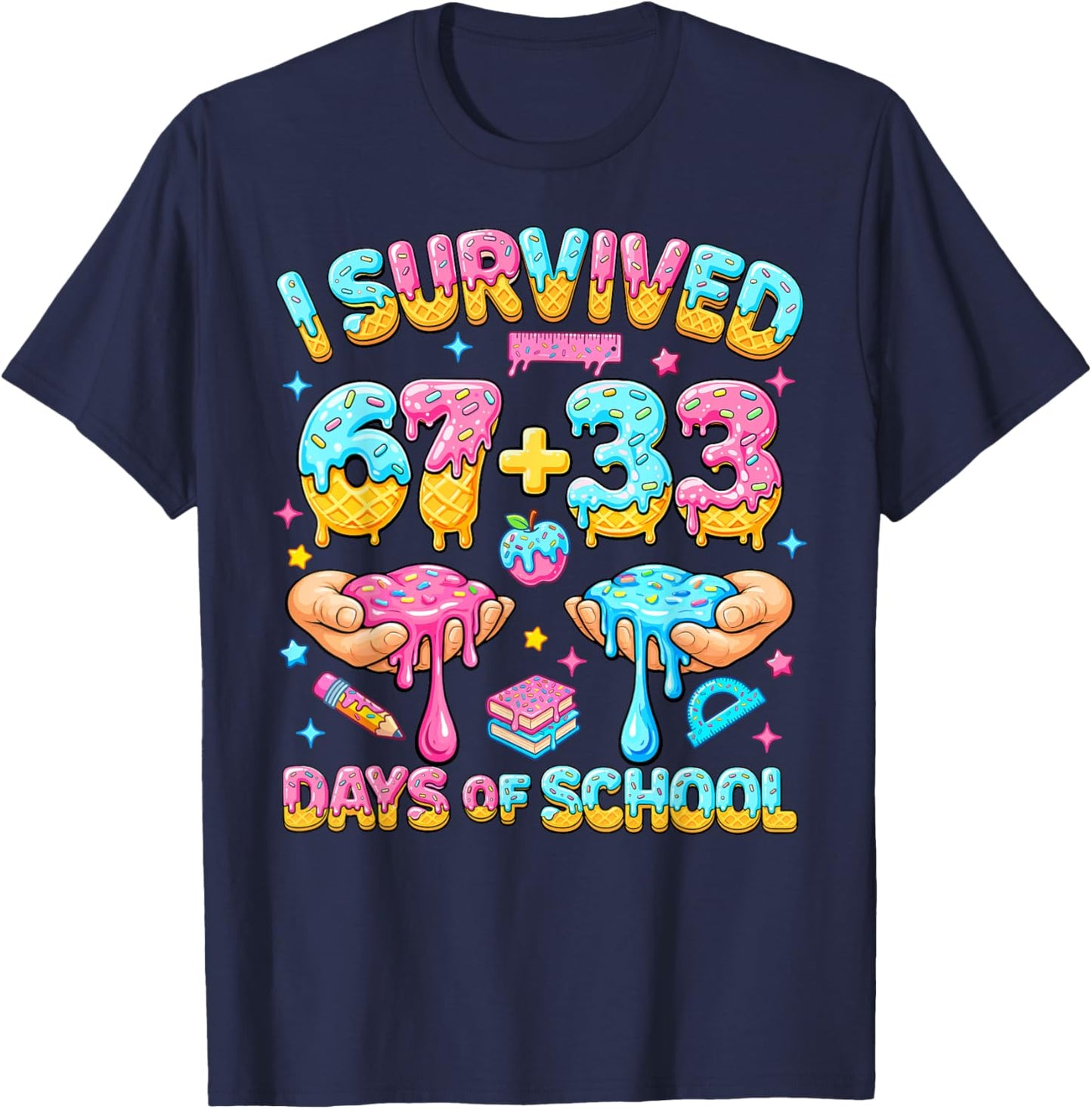 I Survived 67+33 Days of School 100 Days Teachers Kids Boys T-Shirt - T-Shirt | Navy