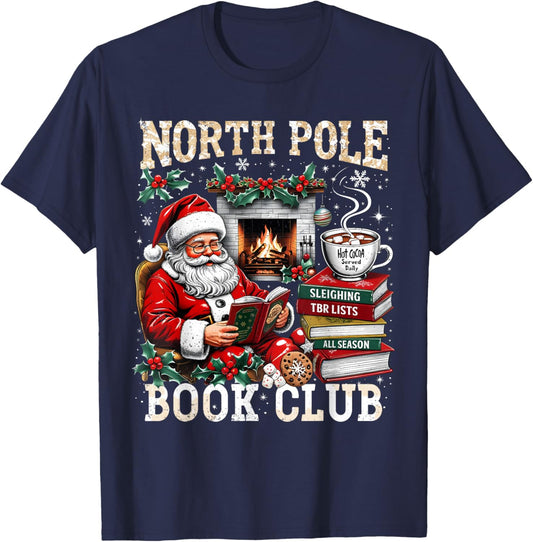 North Pole Book Club Santa Reading Christmas T-Shirt - T-Shirt | Navy
