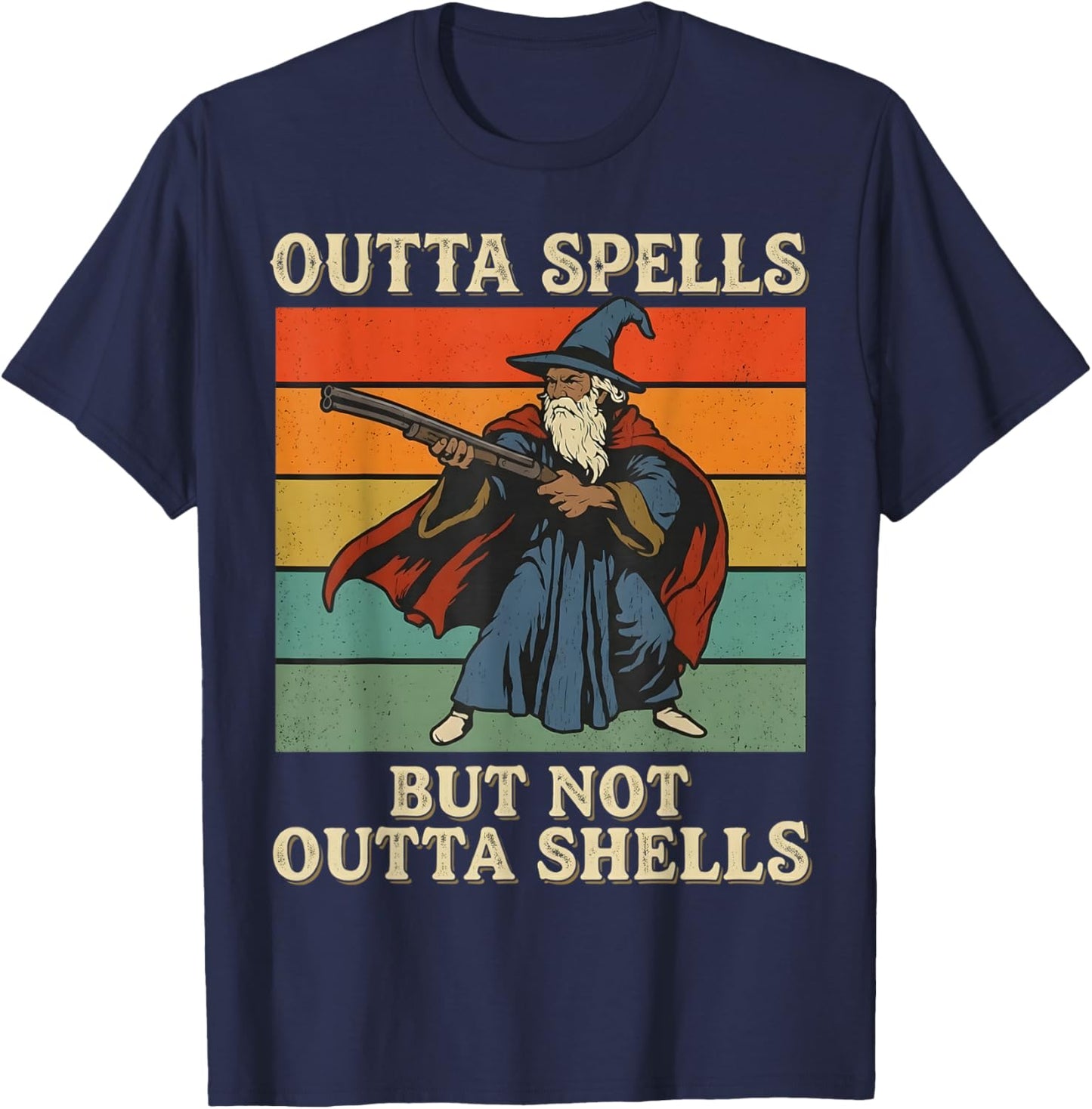 Outta Spells But Not Outta Shells Wizard Retro Fantasy Meme T-Shirt - T-Shirt | Navy