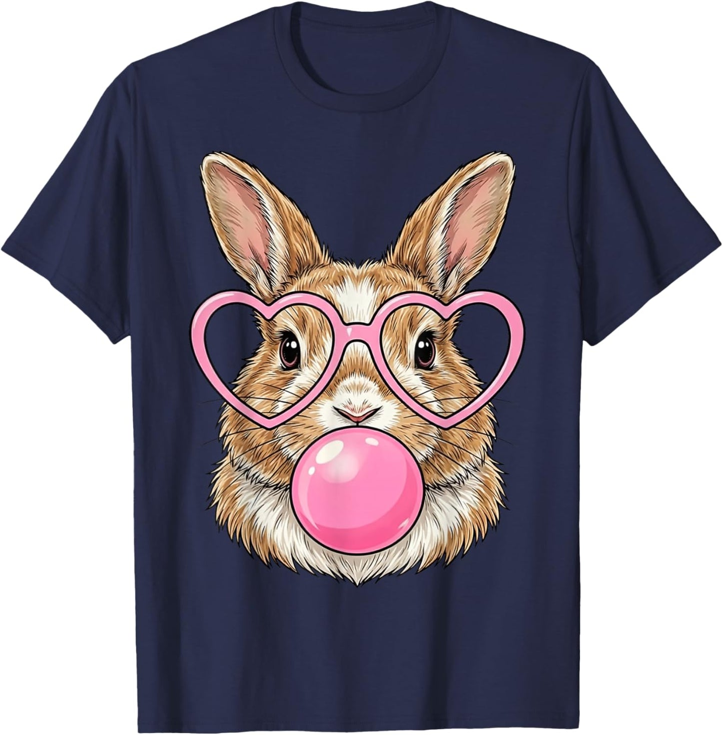 Funny Cute Bunny Bubble Gum Rabbit Heart Glasses Animal Art T-Shirt - T-Shirt | Navy