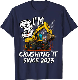 Birthday Excavator Truck 3 Year Old Boys 3rd Party Born 2023 T-Shirt - T-Shirt | Navy