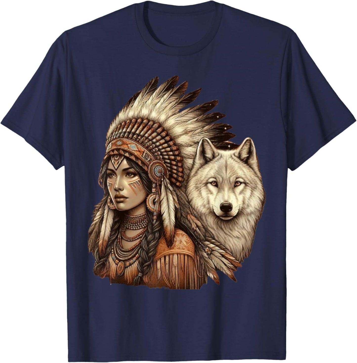 Indian Native American Woman with White Wolf Vintage T-Shirt - T-Shirt | Navy