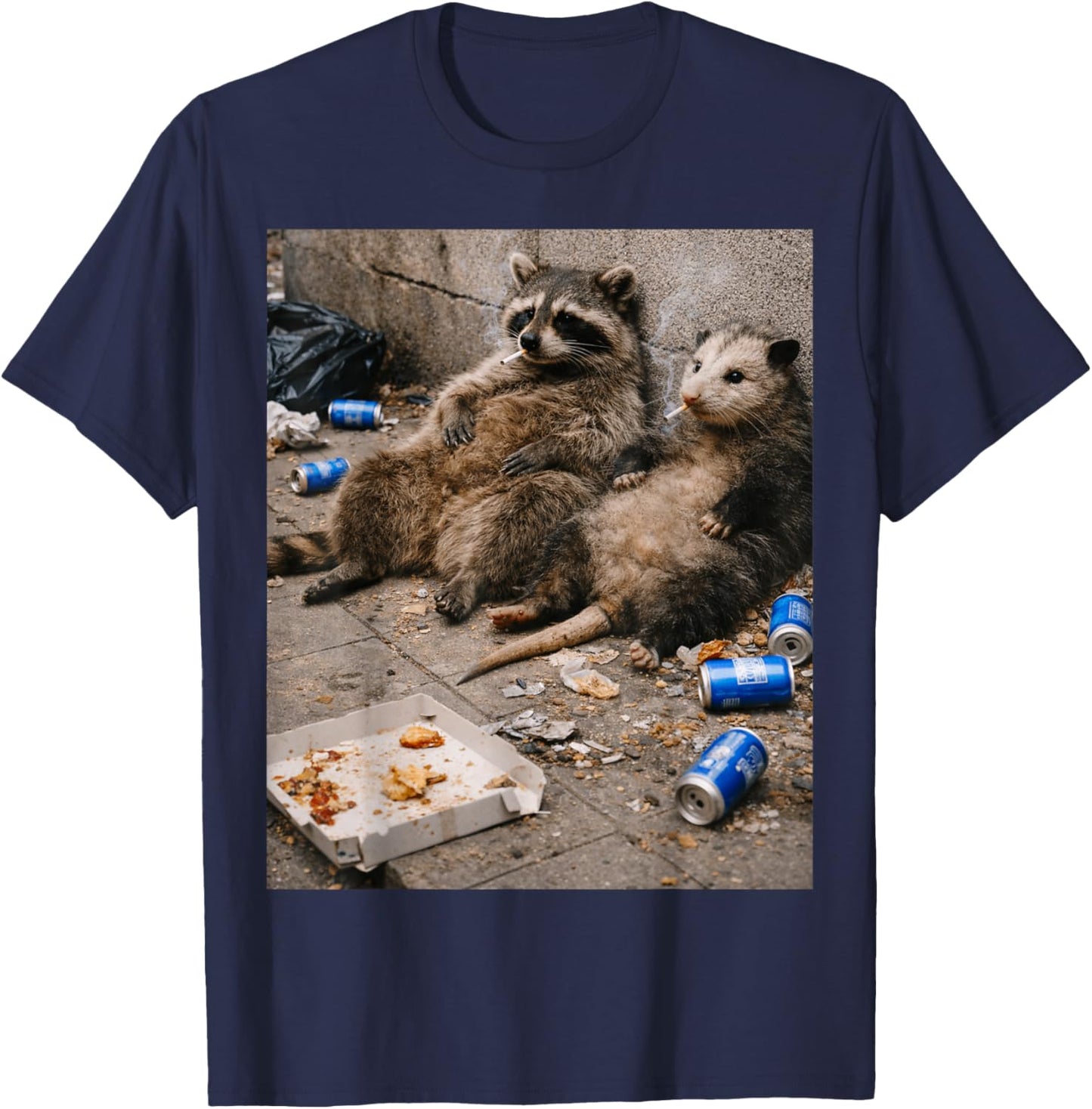 Raccoon and Opossum Smoking Cigarette with Trash T-Shirt - T-Shirt | Navy
