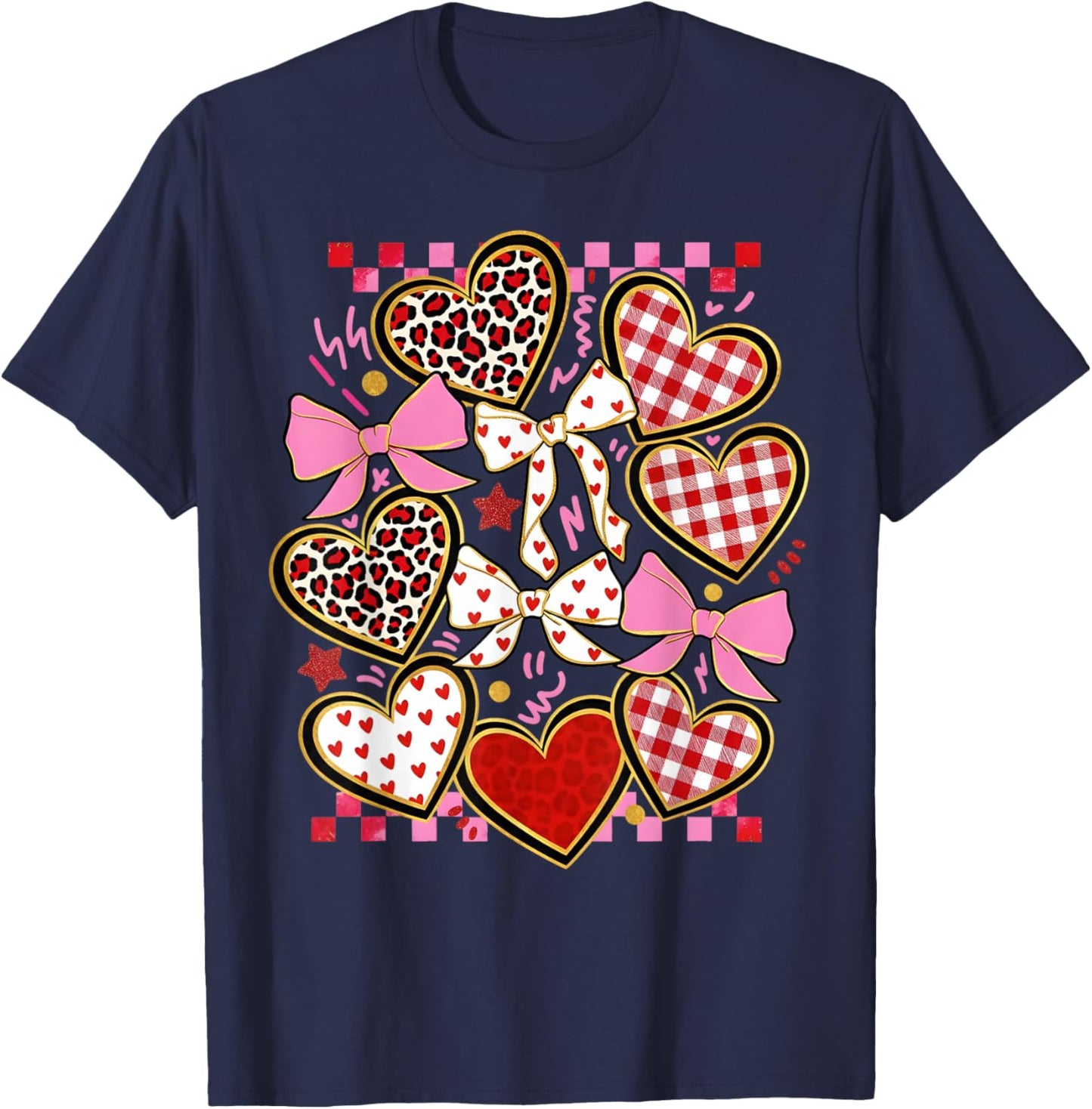 Valentines Day Girl Red Bow Valentines Heart Leopard Women T-Shirt - T-Shirt | Navy
