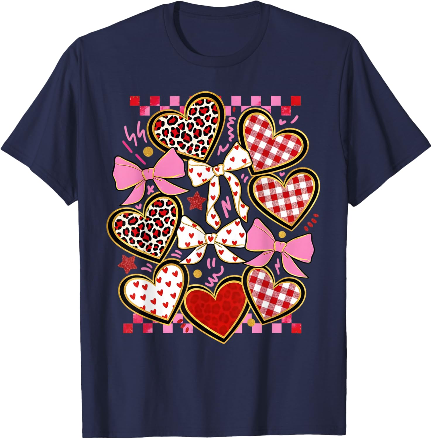 Valentines Day Girl Red Bow Valentines Heart Leopard Women T-Shirt - T-Shirt | Navy