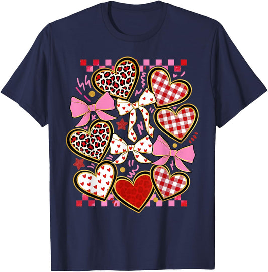 Valentines Day Girl Red Bow Valentines Heart Leopard Women T-Shirt - T-Shirt | Navy
