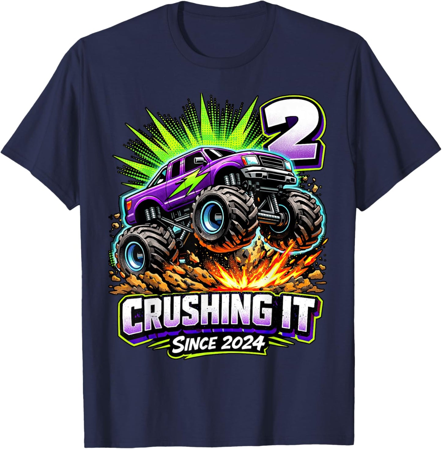 Birthday Monster Truck 2 Year Old Boys 2nd Party Born 2024 T-Shirt - T-Shirt | Navy