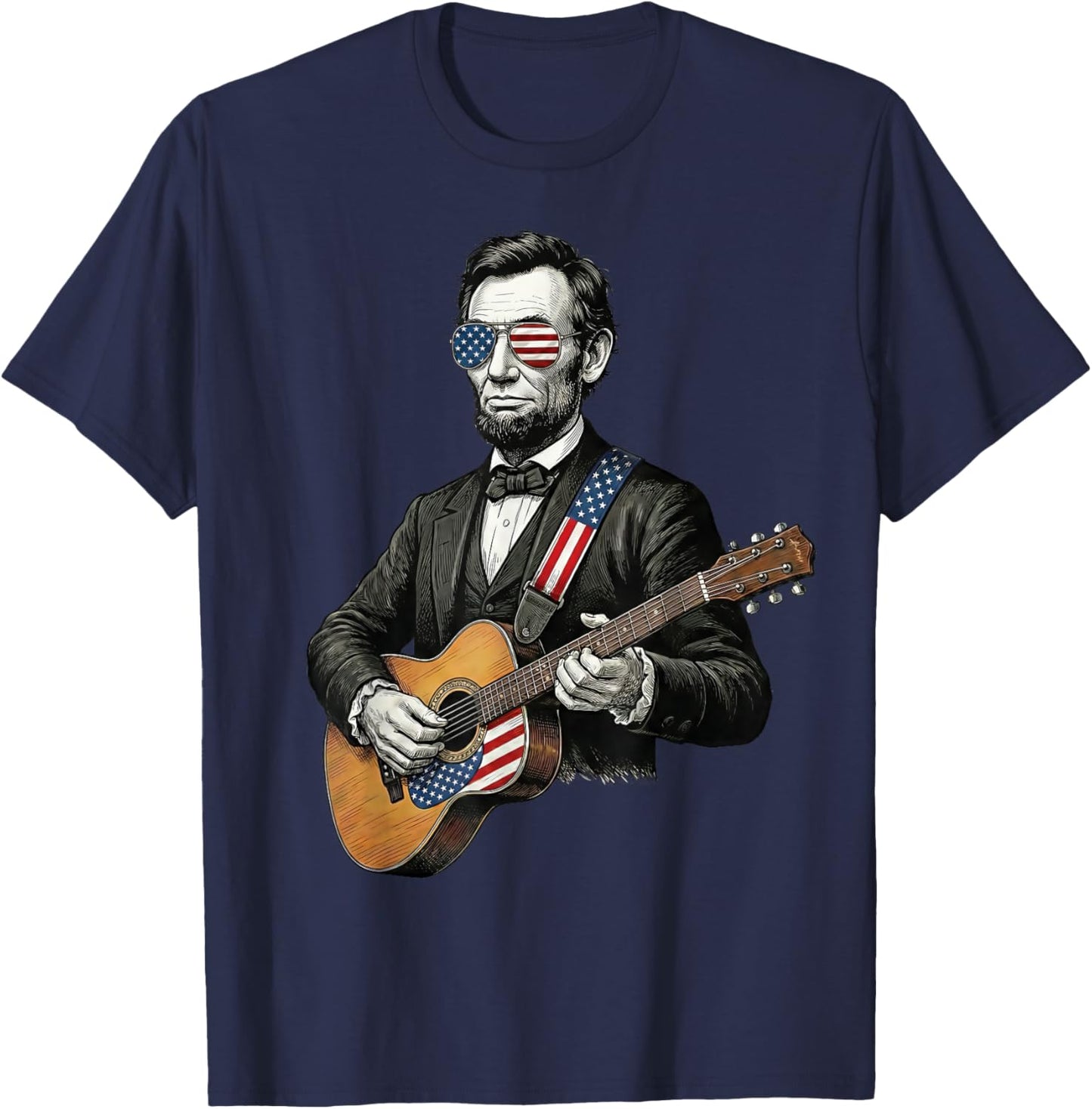 Abraham Lincoln Playing Guitar Funny 4th of July Patriotic T-Shirt - T-Shirt | Navy