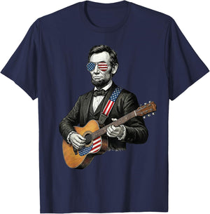 Abraham Lincoln Playing Guitar Funny 4th of July Patriotic T-Shirt - T-Shirt | Navy