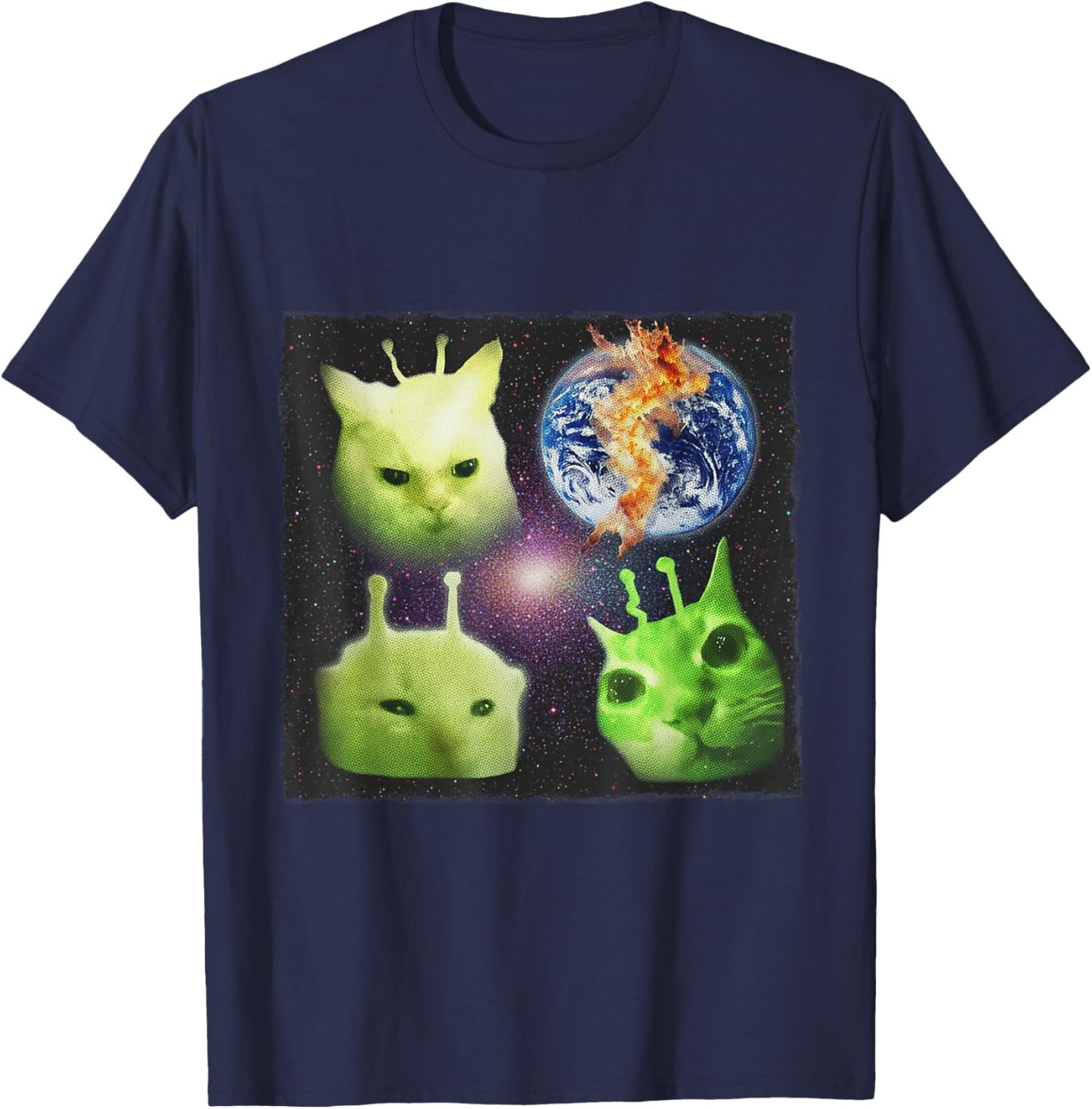 Y2k Alien UFO Cat Meme Silly Cats Retro Cat Lover Vintage T-Shirt - T-Shirt | Navy