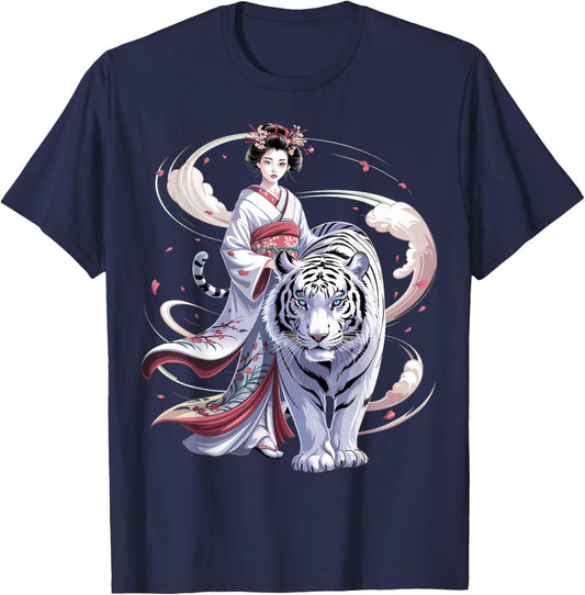 White Tiger Sakura Japanese Geisha Guardian T-Shirt - T-Shirt | Navy