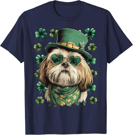 Shih Tzu with Shamrocks Hearts Sunglasses St Patricks Day T-Shirt - T-Shirt | Navy