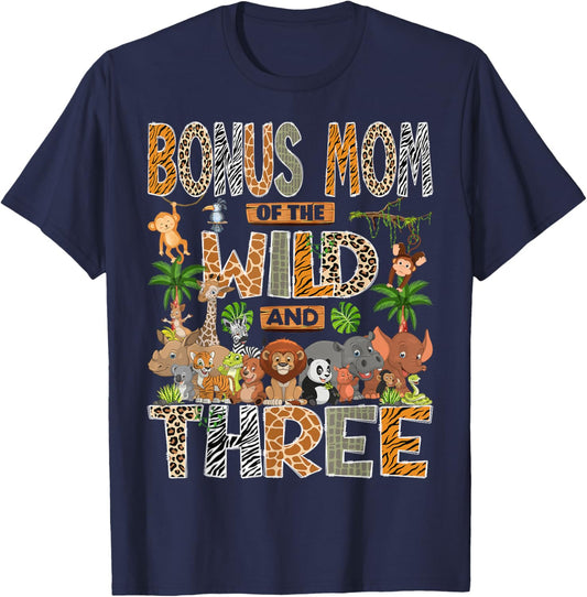 Bonus Mom of The Wild & Three 3rd Birthday Boy Safari Jungle T-Shirt - T-Shirt | Navy