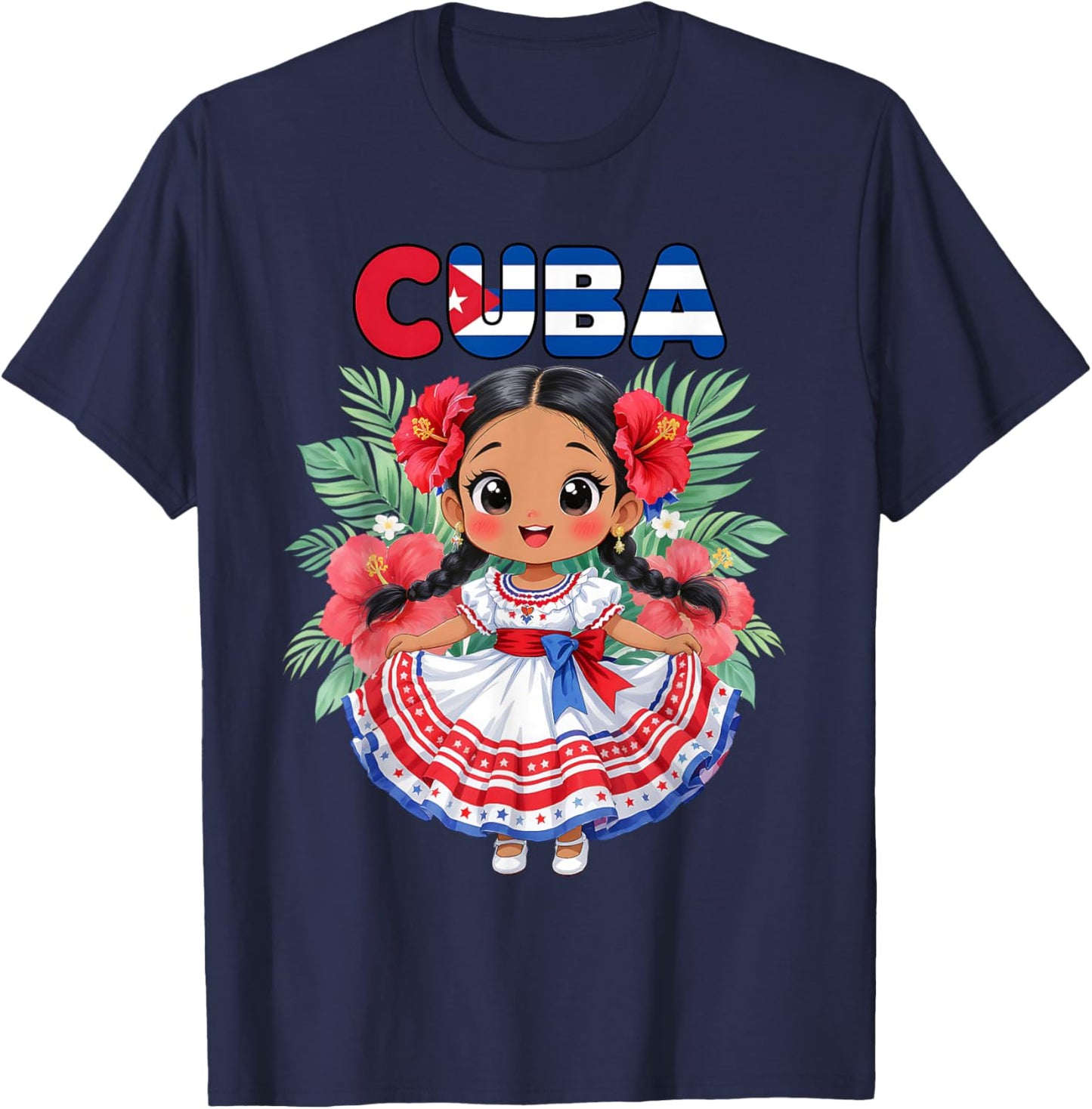 Cute Cuba Cuban Girl Traditional Dress Tropical Flowers T-Shirt - T-Shirt | Navy