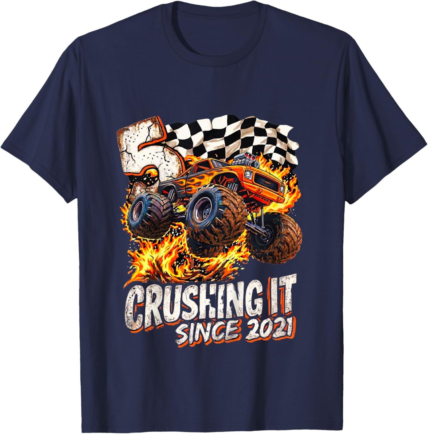 Kids Birthday Monster Truck Boys 5 Crushing It Since 2021 Kids T-Shirt - T-Shirt | Navy