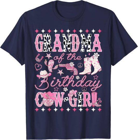 Grandma of The Birthday Cow-Girl Pink Rodeo Western Disco T-Shirt - T-Shirt | Navy