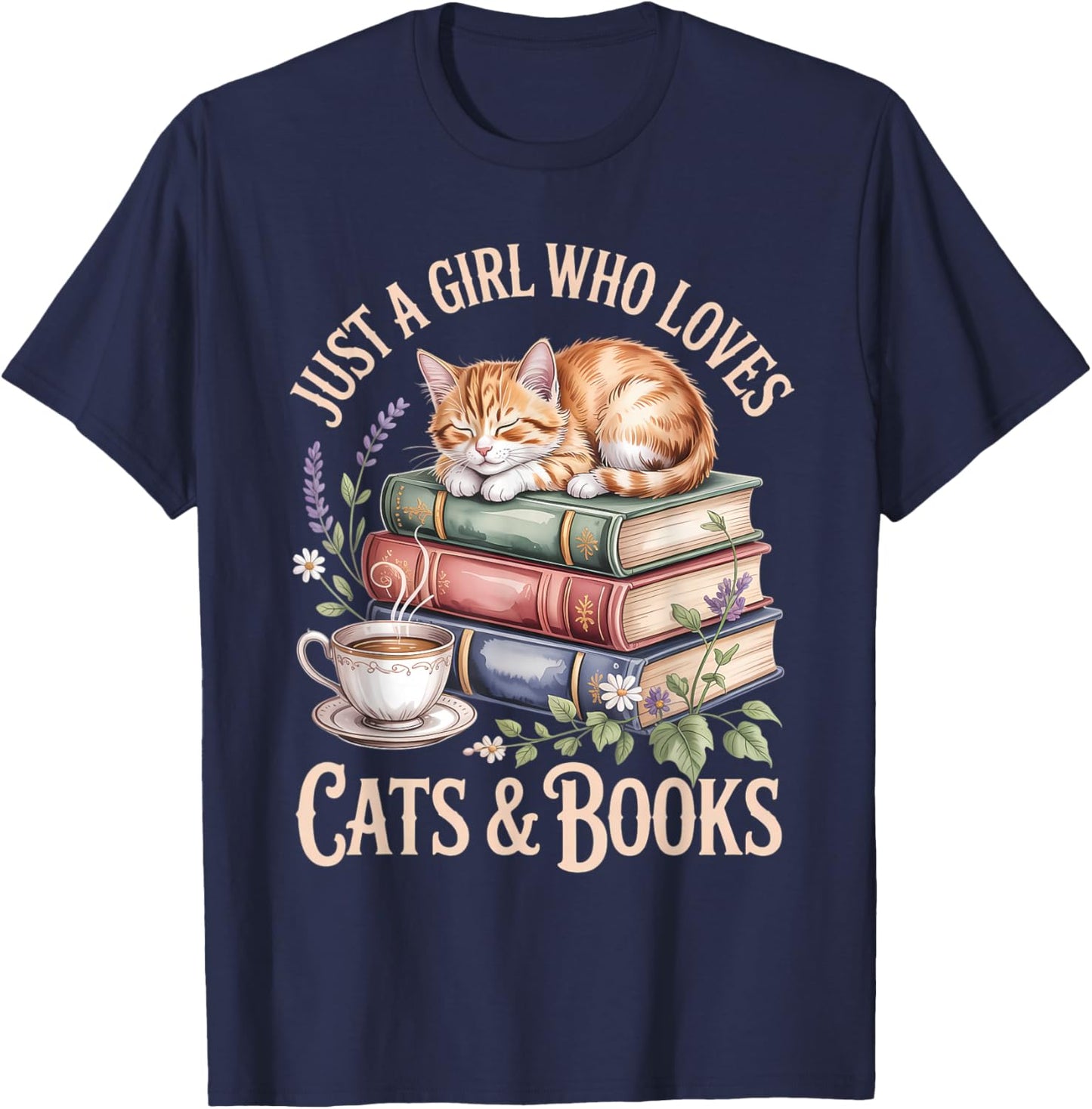 Just A Girl Who Loves Cats and Books Reading Librarian T-Shirt - T-Shirt | Navy