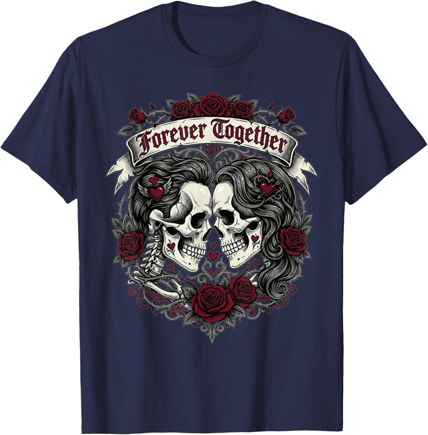 Forever Together Skull Love Dark Gothic Valentine Tumbler T-Shirt - T-Shirt | Navy