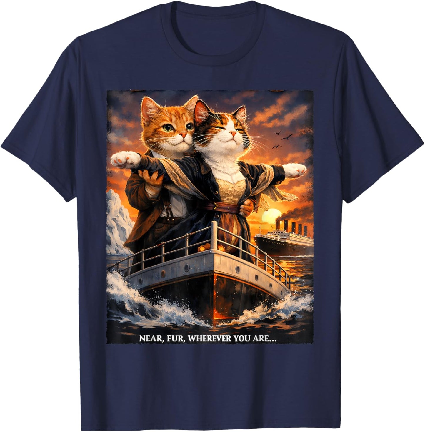 Titanic Cats Funny Romantic Parody Cute Cat Lover Humor T-Shirt - T-Shirt | Navy