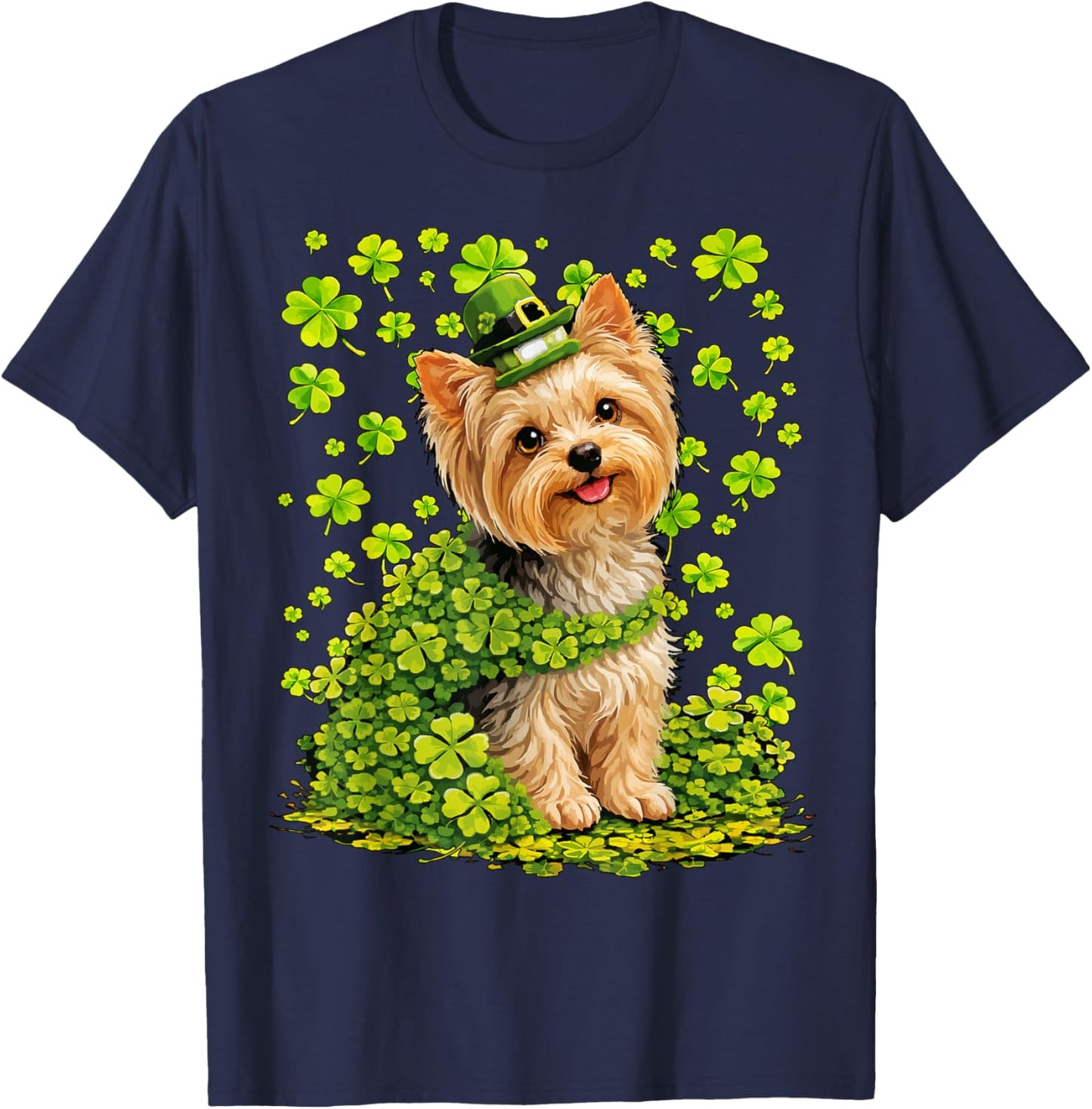 Yorkshire Terrier with Shamrocks St Patricks Day Yorkie Dog T-Shirt - T-Shirt | Navy