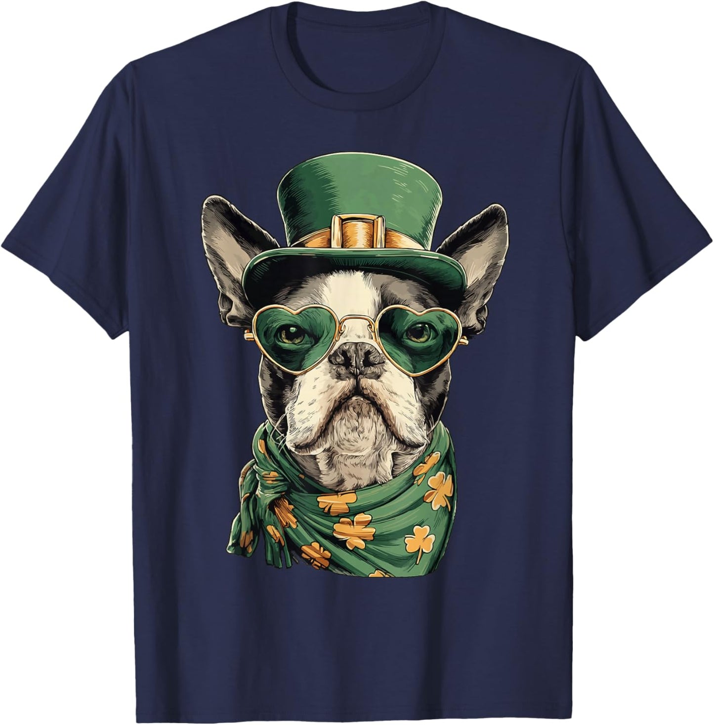 Irish Boston Terrier in Sunglasses Shamrocks St Patricks Day T-Shirt - T-Shirt | Navy