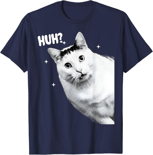 Y2K Funny Huh Cat Meme Retro Cat Vintage Kitty Humor Shirt T-Shirt - T-Shirt | Navy