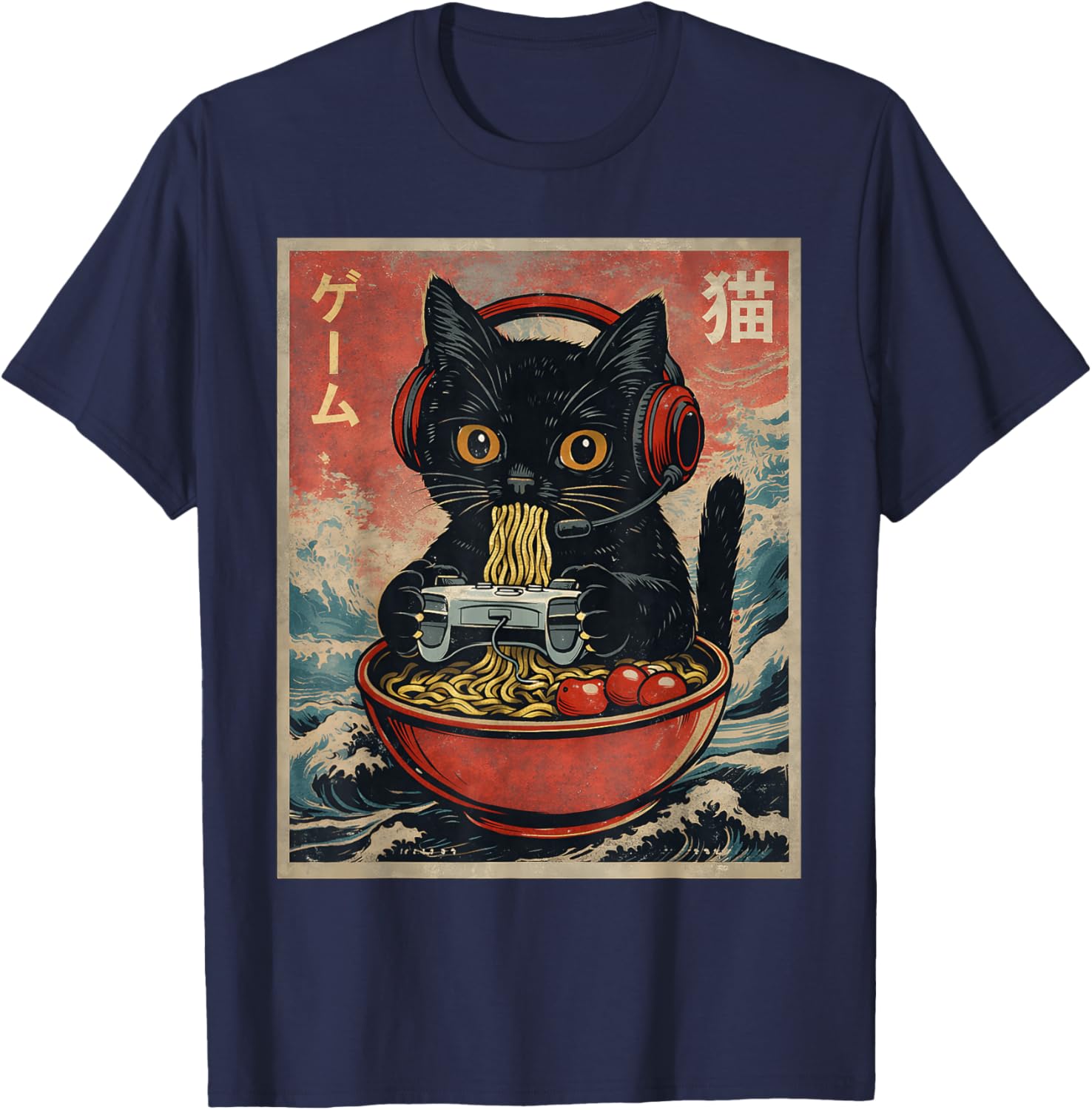 Funny Cat Gaming Ramen Japan Japanese Boy Men Kid Kawaii T-Shirt - T-Shirt | Navy