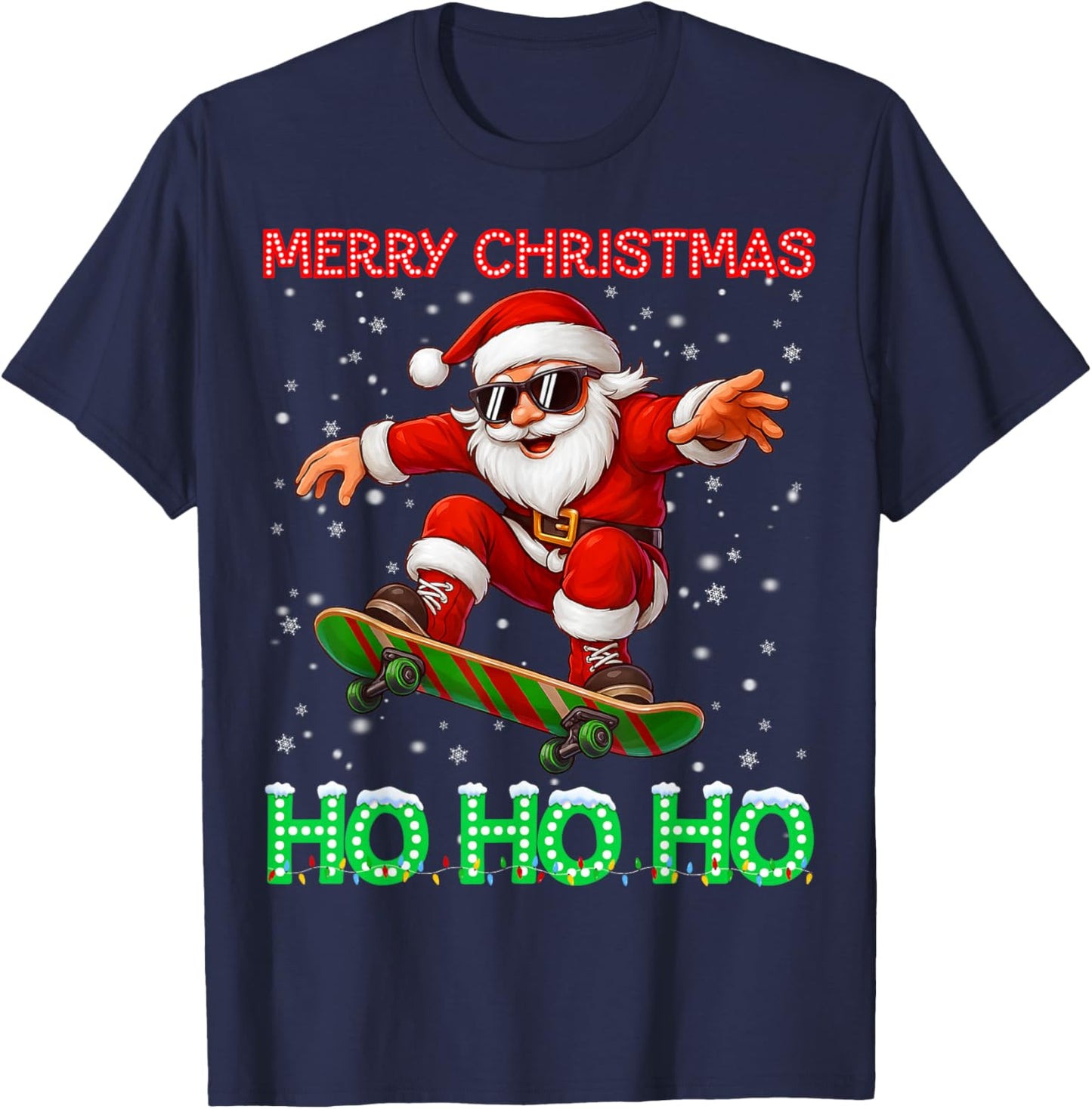 Merry Christmas Light Ho Ho Santa Skateboard Boy Kid Toddler T-Shirt - T-Shirt | Navy