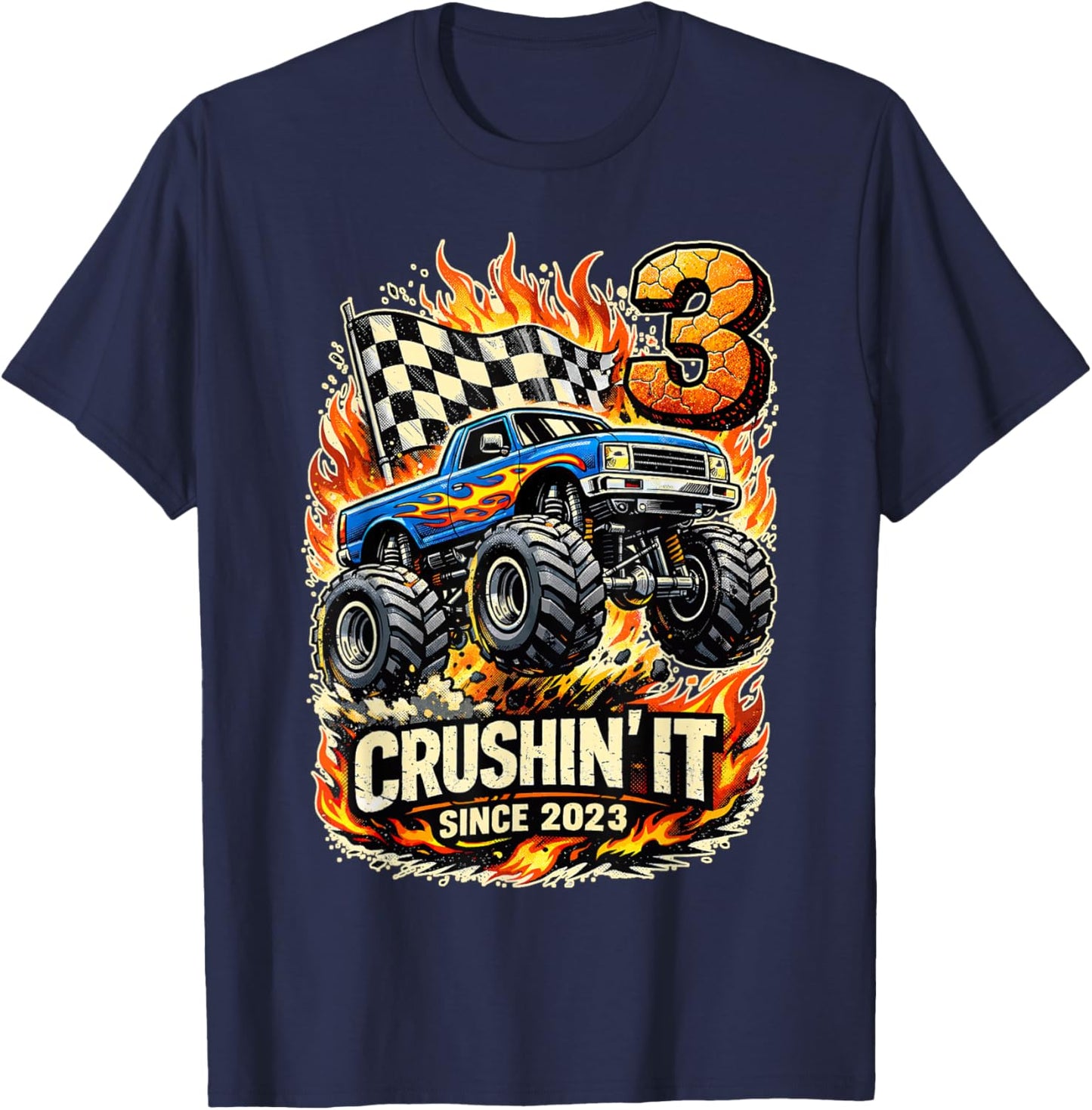 Birthday Monster Truck 3 Year Old Boys 3rd Party Born 2023 T-Shirt - T-Shirt | Navy