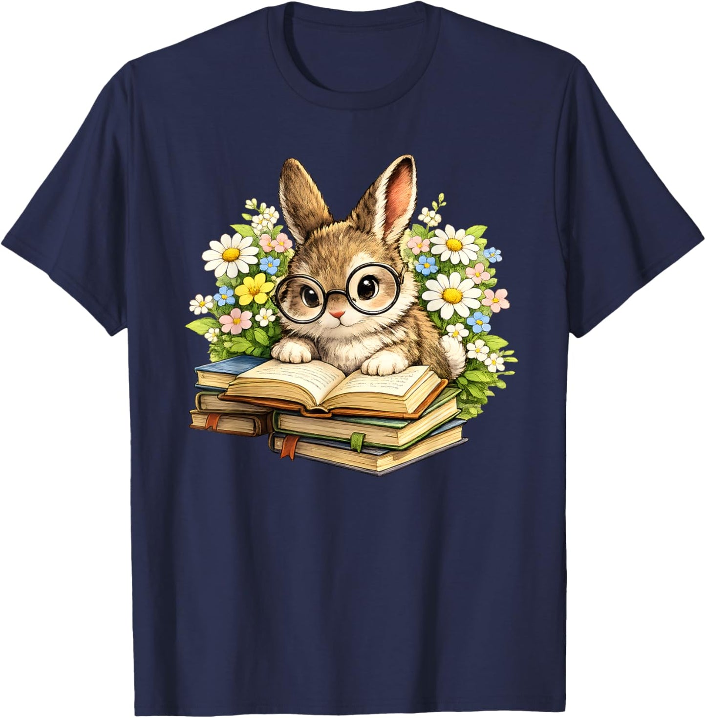 Cute Reading Bunny Easter Books Bookworm Reader Teacher T-Shirt - T-Shirt | Navy